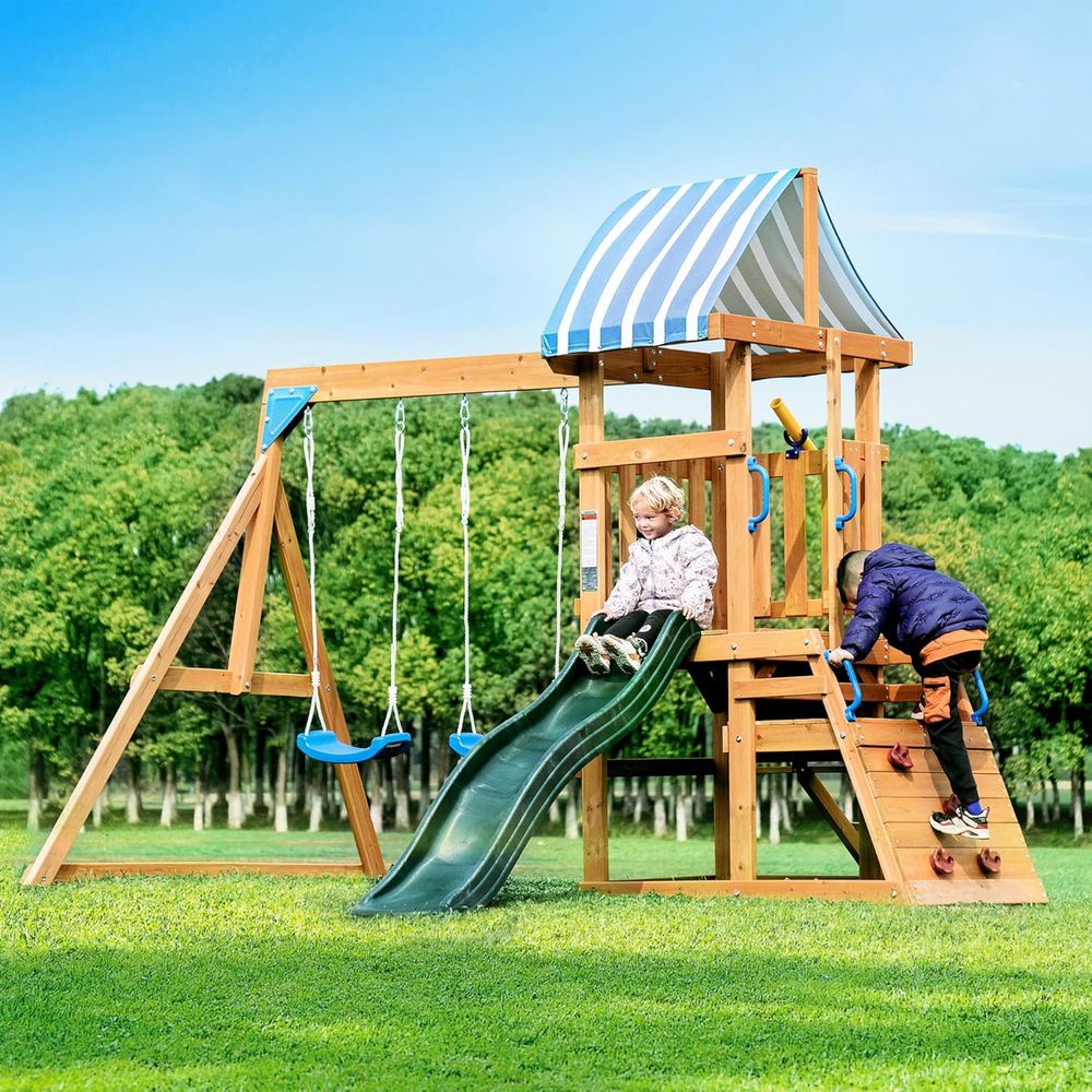 Kids Outdoor Swing And Slide - 스윙 티셔츠 또는 야외용 목재 그네,