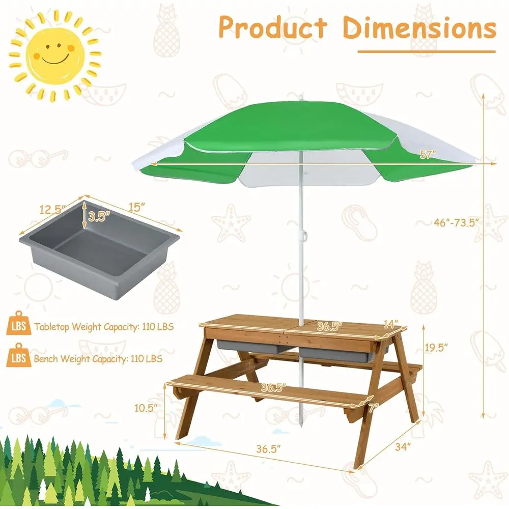 4-in-1 나무 모래놀이 및 물놀이 피크닉 테이블 ( - Kids Outdoor Umbrella For Table 리뷰 및 가격