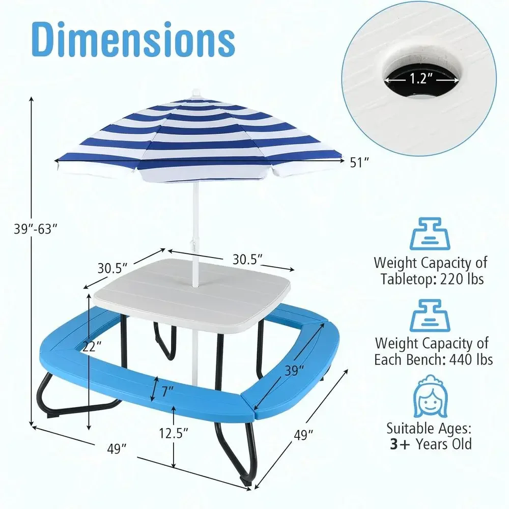 8인용 어린이 피크닉 테이블(우산 포함), 유아용 활동 - Kids Outdoor Umbrella For Table 리뷰 및 가격