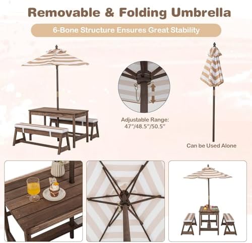 어린이 피크닉 테이블, 야외용 나무 테이블 & 벤치 세 - Kids Outdoor Umbrella For Table 리뷰 및 가격