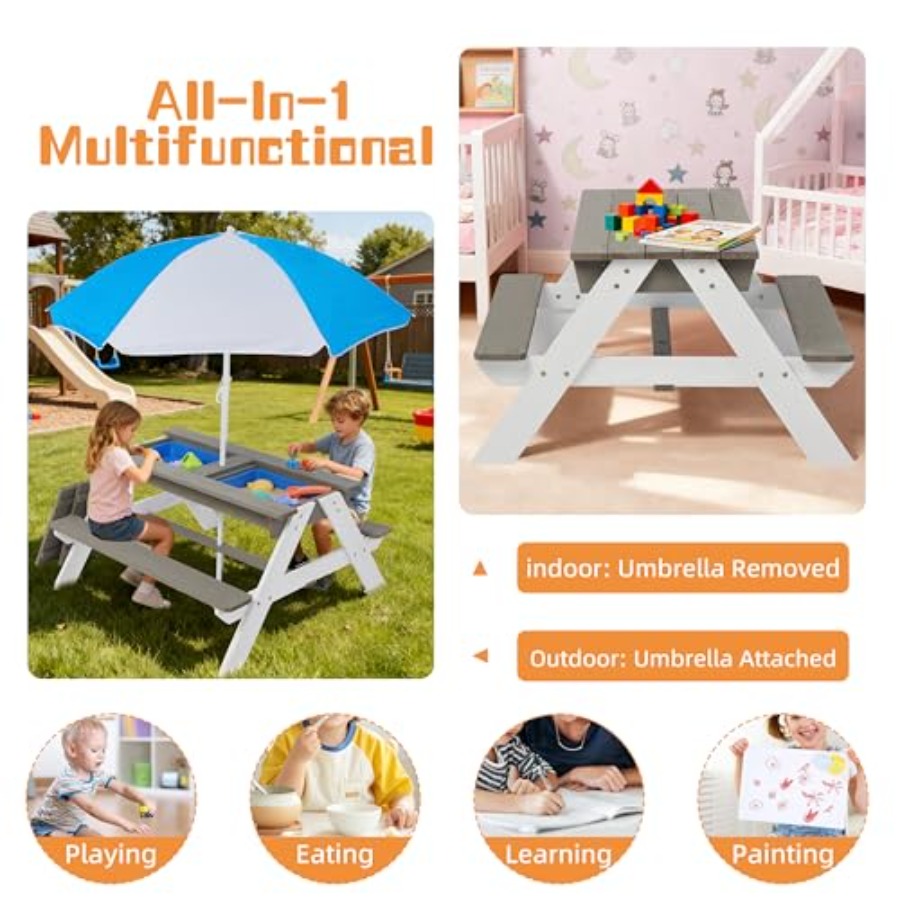 야외 마당 파티오 어린이용 피크닉 테이블: 3-in-1 - Kids Outdoor Umbrella For Table 리뷰 및 가격